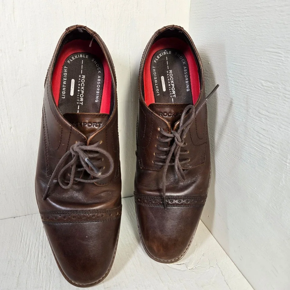 Rockport Walkability Mens Brown Leather Cap Toe Brogue Oxford Dress Shoes Size 8